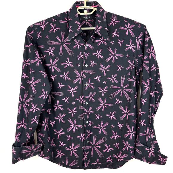 Ted Baker London size 5 (44-45 chest) Black Pink Floral French Cuffs 100% cotton - Picture 1 of 12